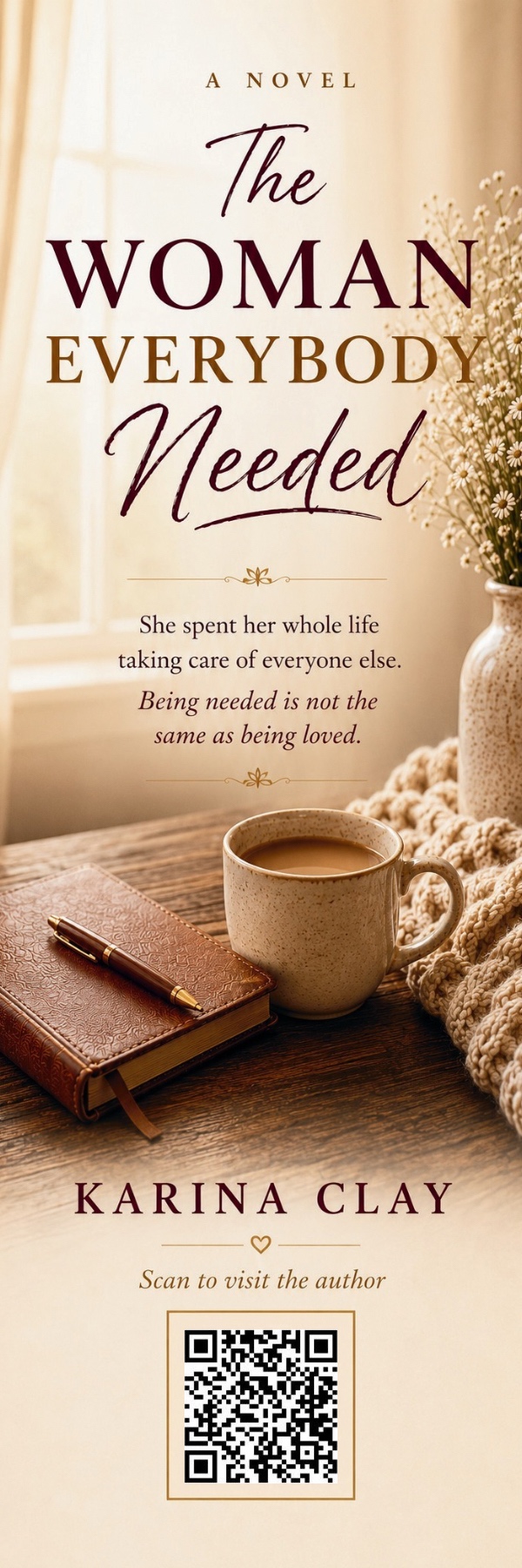 Printable burgundy and gold bookmark for The Woman Everybody Needed by Karina Clay